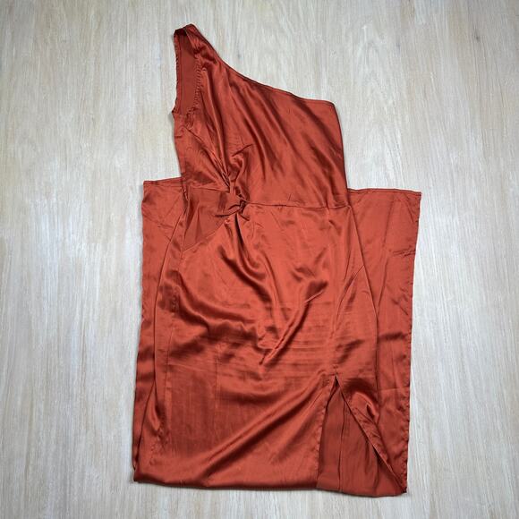 Missguided Rust Orange Satin One Shoulder Draped Slit Midi Cocktail Dress 4 - Picture 1 of 14